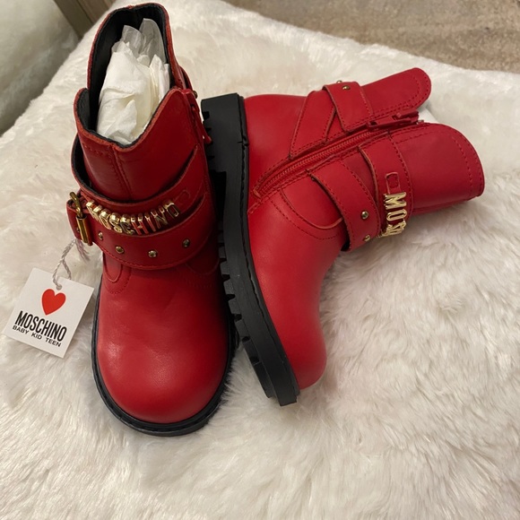 2x HOST PICK ‼️Moschino Kid Rosso Red Leather Motor Style Boot Size 25 - Picture 4 of 10